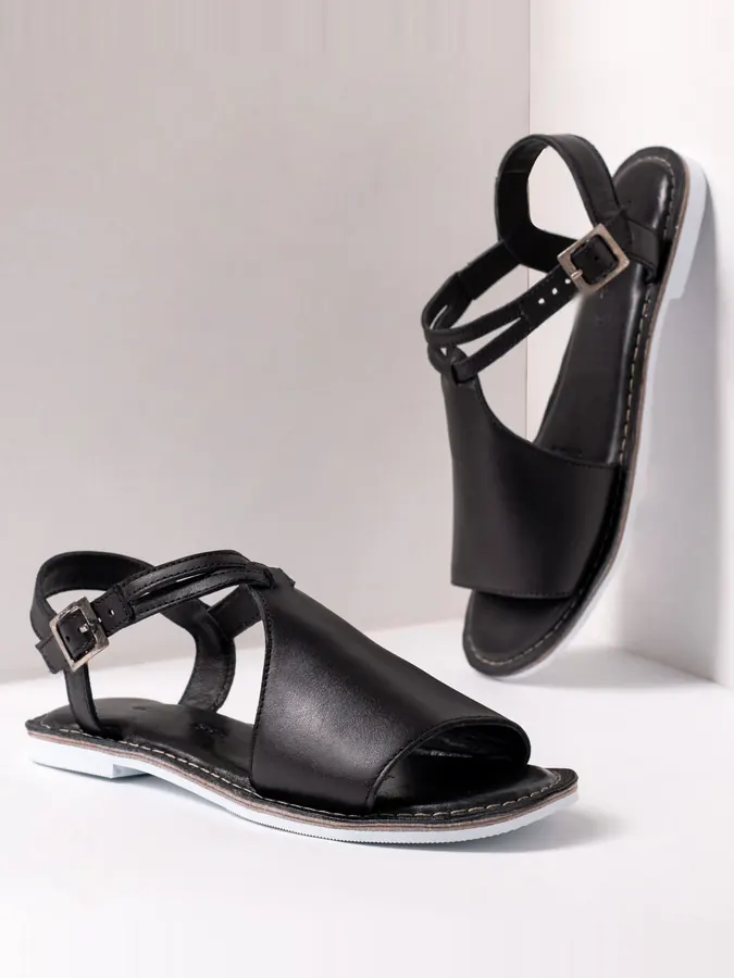 Sandales plates en cuir noir